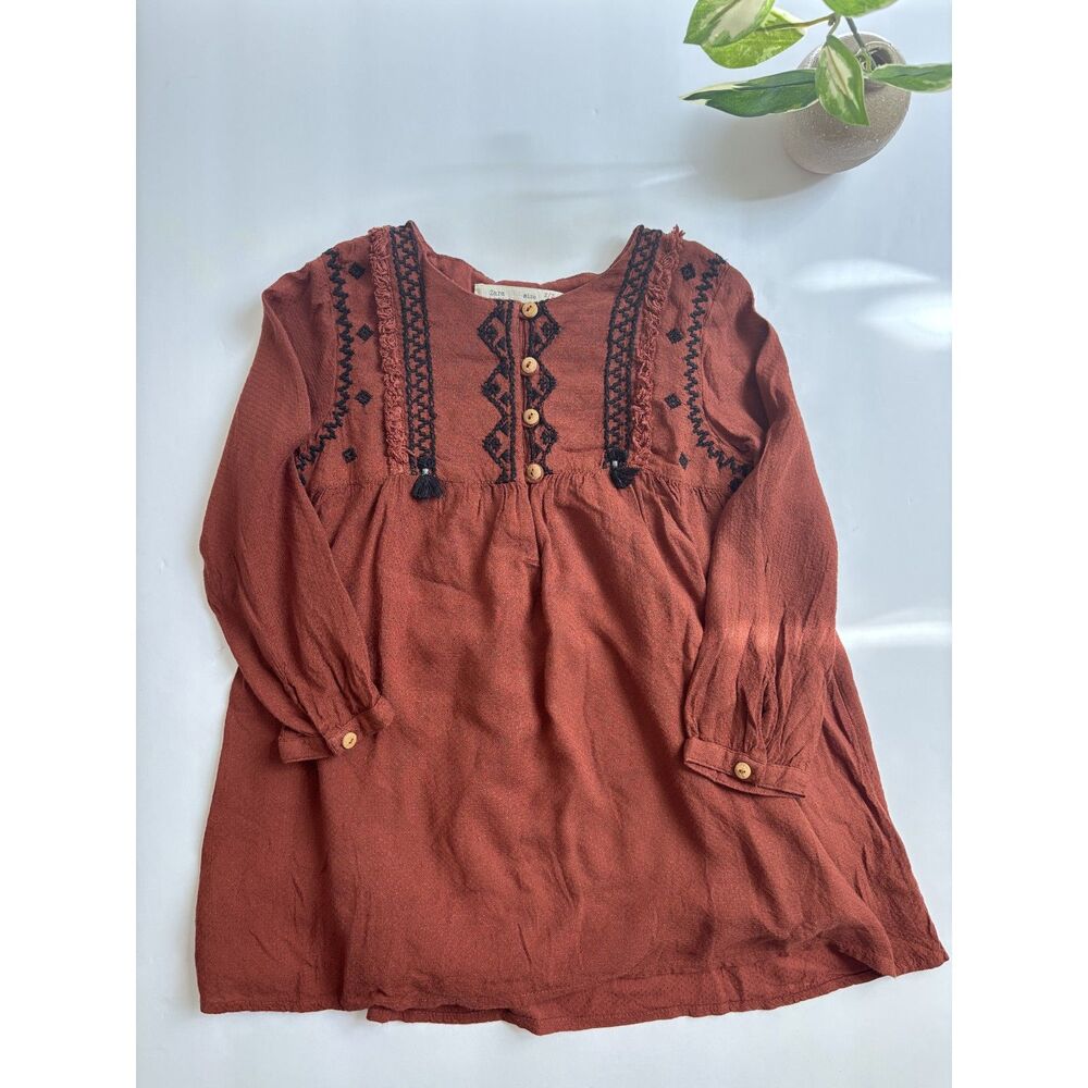 Zara Girl Size 2-3Y Boho Embroidered Rust Brown Long Sleeve Dress